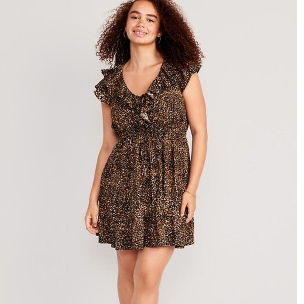 New Old Navy Mini Dress Large Brown Leopard Rebel Ruffle Sleeve Blouson Boho